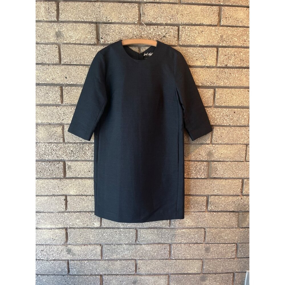 Lord & Taylor 424 Fifth Black Silk Sheath Dress 3/4 Sleeves Crew Neck Size 8 Mod